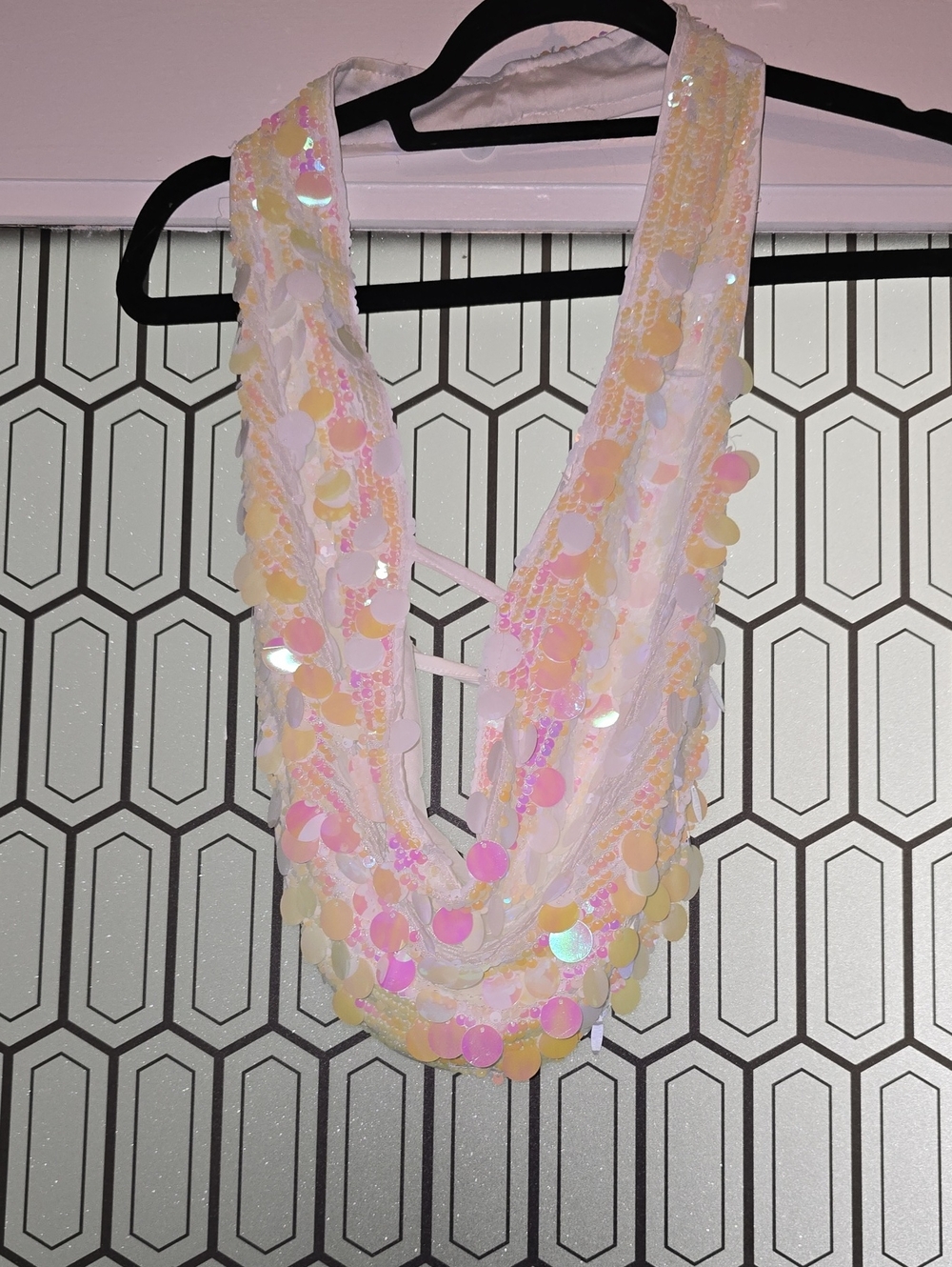 SHEIN Iridescent White Sequin Draped Halter Top